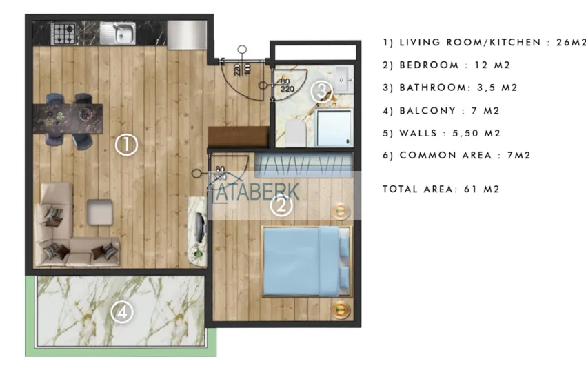 Купить дешево Двухкомнатные квартиры в жилом комплексе комфорт-класса в Каргыджаке в Алании 5 