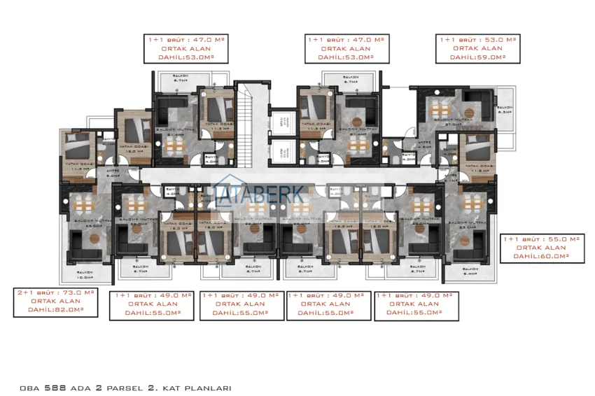 Купить дешево Квартира в районе Оба двухкомнатная в комплексе на этапе строительства 1 