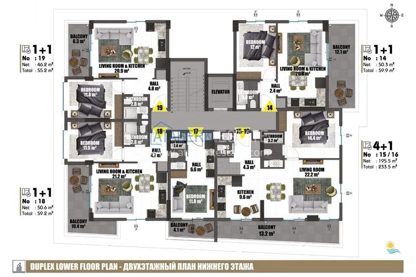 Купить дешево Квартиры 1+1 в центре Алании от инвестора в комплексе на завершающем этапе строительства 6 