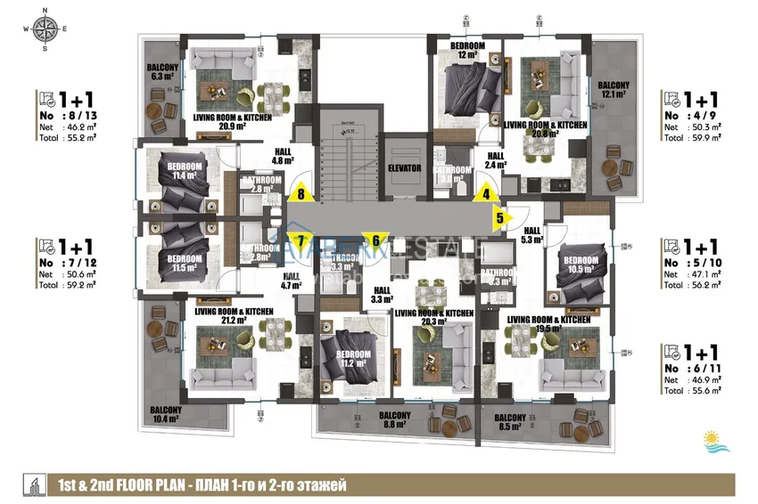 Купить дешево Квартиры 1+1 в центре Алании от инвестора в комплексе на завершающем этапе строительства 7 
